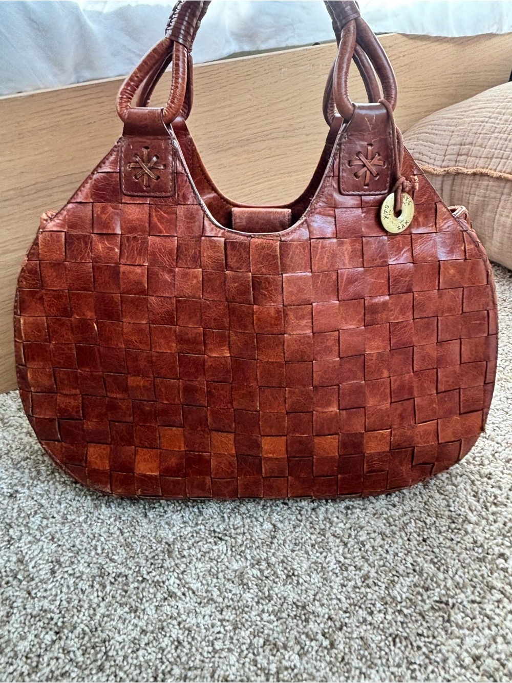 Woven Leather Tote Bag in Brown